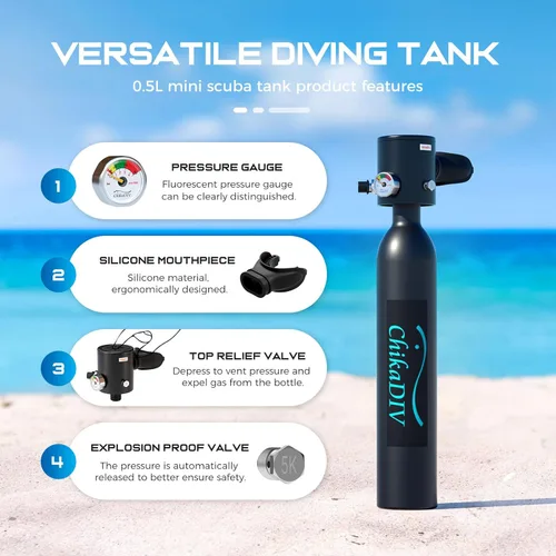 Miniatura 5 de Mini tanque de buceo de 0.5 L con 5-10 minutos, tanque de oxígeno portátil para buceo, equipo de tanque de pulmón de respiración, equipo submarino