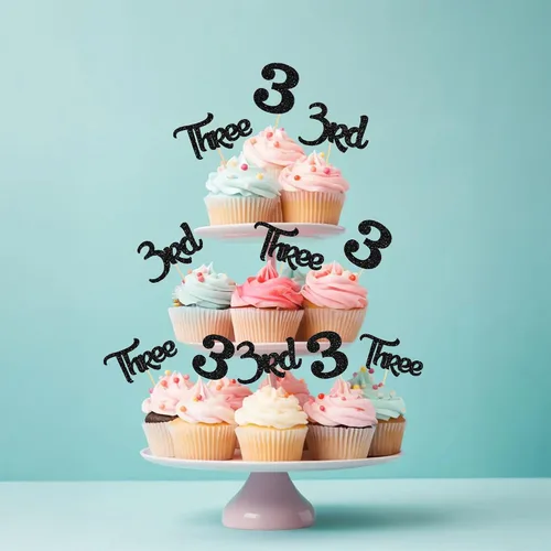 Miniatura 9 de 24 piezas de adornos para cupcakes de tercer cumpleaños, brillo, 3er cumpleaños, 3 piezas para baby shower, aniversario, decoración para pastel