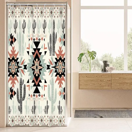 Newsely Cortina de Ducha Pequeña para Caseta RV Occidental Azteca de Cactus 36Wx72H Pulgadas Campista Suroeste Boho Geométrica Étnica Cortina de