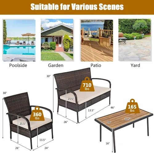 Miniatura 2 de COSTWAY Juego de muebles de ratán de patio de 4 piezas para conversación al aire libre, mesa de centro con cojines