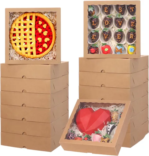 Miniatura 5 de TEMLQPACK 25 cajas de panadería marrones de 9 x 9 x 2.5 pulgadas con ventana para galletas, macarrón, fresas cubiertas de chocolate, mini pastel