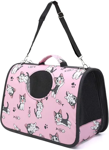 Transportador para mascotas con correa para el hombro, 14 x 9.4 x 7 pulgadas, plegable, rosa, transpirable, Oxford de alta resistencia para perros y