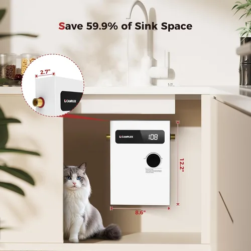 Miniatura 3 de CAMPLUX - Calentador de agua eléctrico sin tanque, 8 kW a 240 voltios, calentador de agua caliente instantáneo bajo demanda para punto de uso