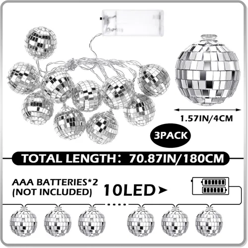 Miniatura 3 de Zhanmai Guirnalda de 30 luces LED de bola de discoteca para decoración de mini espejo iluminado, bolas de discoteca para 70 y 80 s, suministros