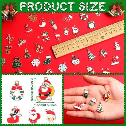 Miniatura 5 de Tudomro - 200 piezas de dijes navideños para hacer joyas y pulseras, Santa Claus, muñecos de nieve, alces, árbol de Navidad, colgante de aleación