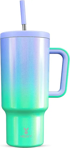 Miniatura 32 de Meoky - Vaso de 30 oz con asa, tapa y pajilla, taza de viaje térmica de acero inoxidable 100% a prueba de fugas, para portavasos, mantiene el frío