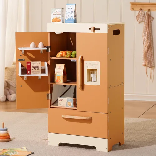 Miniatura 9 de ROBOTIME Refrigerador de madera para niños, refrigerador de cocina de juguete para niños pequeños, refrigerador de juguete con máquina de hielo