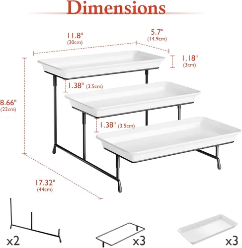 Miniatura 2 de Set de bandejas de servir de 3 niveles de melamina, bandejas de 29 x 14 pulgadas para servir alimentos, bandejas reutilizables blancas con soporte