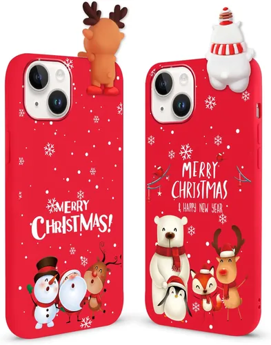 Miniatura 12 de Paquete de 2 fundas navideñas lindas para iPhone 13 Pro, patrón rojo 3D de muñeco Papá Noel muñeco de nieve Feliz Navidad de silicona suave TPU