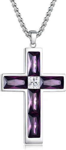 Miniatura 13 de Collar de cruz con piedra de nacimiento para hombre, collar de cruz de acero inoxidable 316L con colgante de cruz de circonia cúbica para mujer