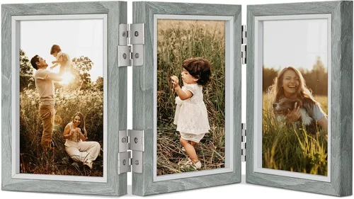 Afuly Marco de Fotos 6x4 Gris 3 Marcos de Fotos Multi con Bisagra Plegable de 360° Marcos de Madera 4x6 Collage para Mesa Colgante de Pared Boda