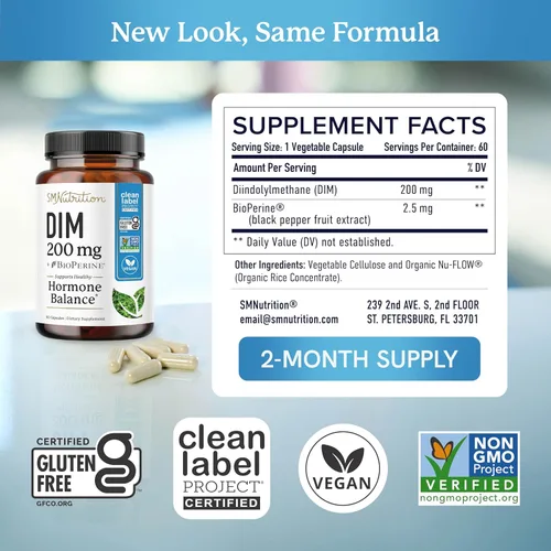Miniatura 5 de Suplemento DIM 200 mg Balance de estrógeno para mujeres y hombres Acné hormonal, equilibrio hormonal, menopausia y apoyo antioxidante