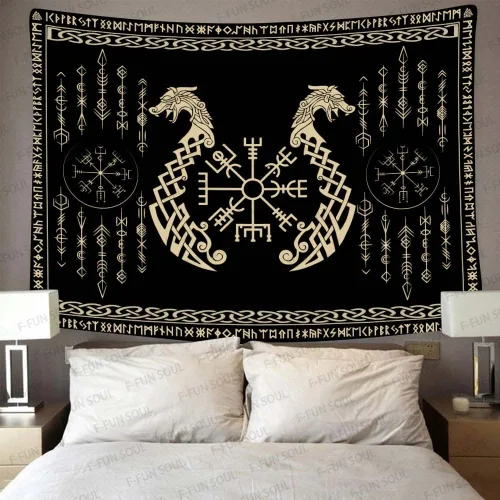 Miniatura 2 de Tapiz de los vikingos nórdicos, franela suave grande de 60 x 51 pulgadas, símbolo Vegvsir gemelos dragones, runa celta escandinava, tapiz