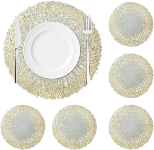Juego de 6 manteles individuales dorados de 15 pulgadas, manteles individuales redondos brillantes para cocina, comedor, para Acción de Gracias,