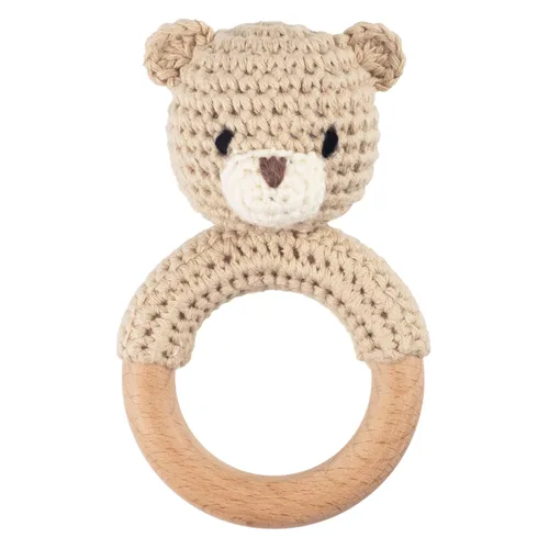 Joliecraft Juguetes Sonajeros de Madera de Animales de Safari para Bebé, Sonajero de Ganchillo Relleno con Anillo Mordedor para Recién Nacido, Oso