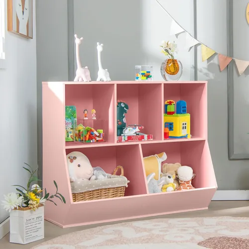 Miniatura 11 de KOTEK Organizador de almacenamiento de juguetes de 5 cubos, gabinete de almacenamiento de juguetes de madera, estante abierto para juguetes, Natural
