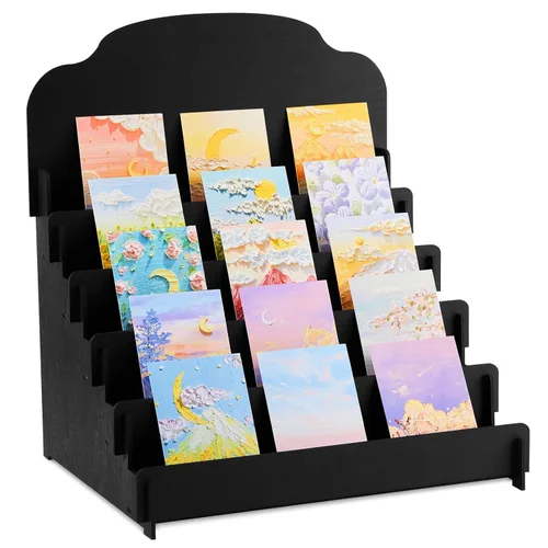 Miniatura 12 de Barydat Soporte de exhibición grande de 4 niveles y 5 niveles para tarjetas de felicitación, soporte de madera para postales, folletos, fotos, Negro
