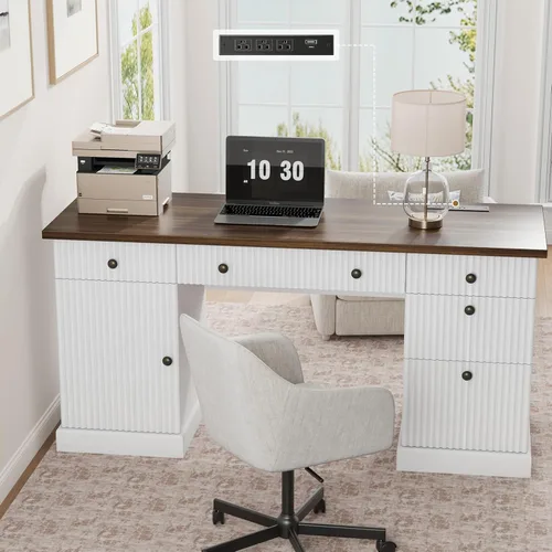 Miniatura 11 de Garvee 60" Office Desk with Storage & Drawers. Fluted Wood Computer Desk with Power Outlet & Adjustable Shelves.Modern Executive Desk for Home