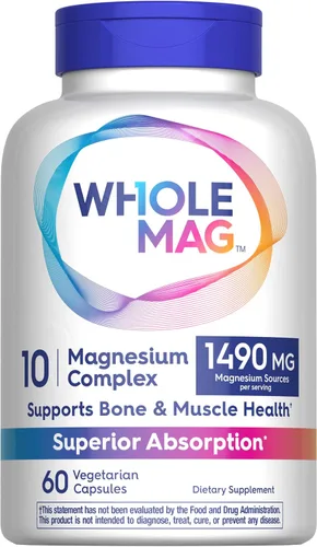 WholeMag Complejo de suplementos de magnesio | 60 cápsulas vegetarianas | Apoya la salud muscular, ósea y nerviosa* | Fórmula 10 en 1 para el