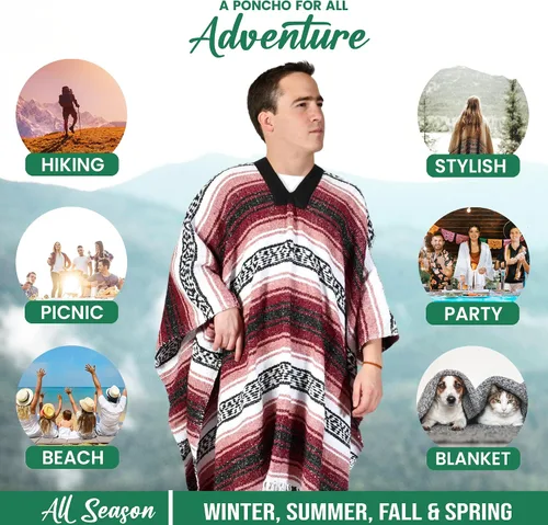 Miniatura 8 de Artisans Bazaar Poncho tradicional mexicano de Baja para hombres y mujeres, auténtico sarape de Gaban, manta de vaquero Pancho Jorongo