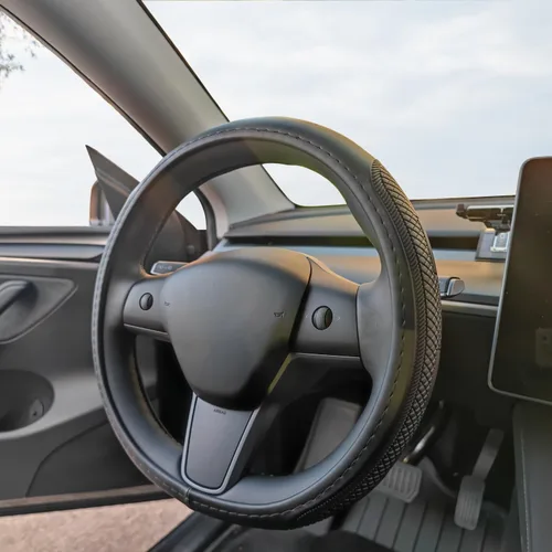 Miniatura 7 de Funda de volante en forma de D para Tesla Model 3 / Y, para Camaro, 14-14.25 pulgadas, funda de cuero negro para volante de automóvil para hombres
