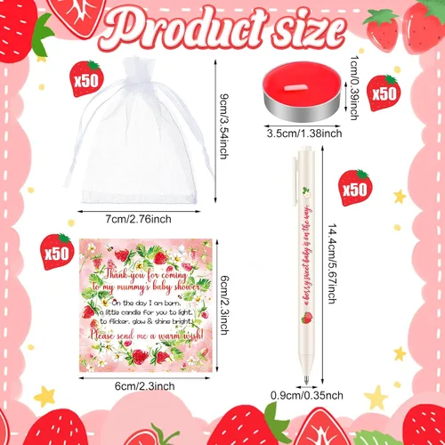 Miniatura 3 de Qilery 200 piezas de dulces fresas para baby shower para invitados, incluye velas de luz de té, bolsas de regalo retráctiles, etiquetas