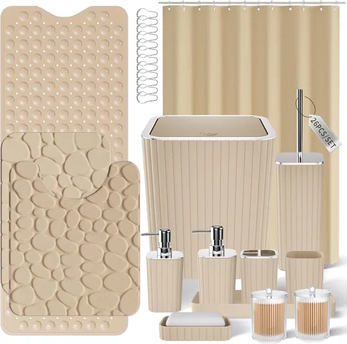 Miniatura 29 de XLHOMO Bathroom Set- 25PC Beige Bathroom Set, Bathroom Set with Shower Curtain and Rugs, Beige Shower Curtain Set, Toilet Brush, Bathroom Trash Can