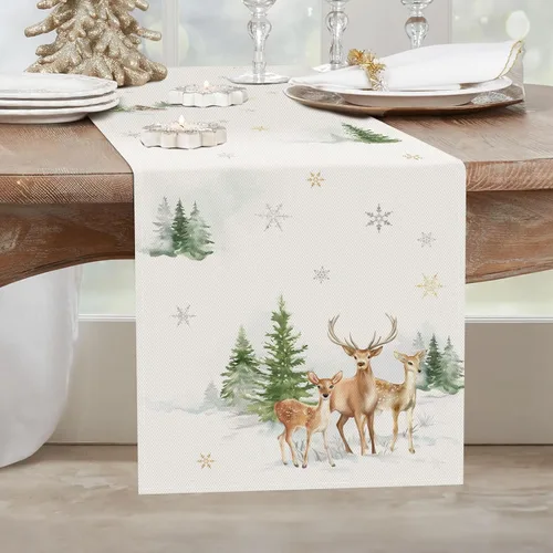 Miniatura 9 de Bonhause Camino de mesa de reno de Navidad de 13 x 72 pulgadas, trineo de Papá Noel, rojo, dorado, temporada de invierno, vacaciones, cocina