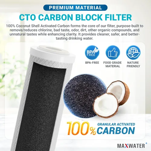 Miniatura 3 de Max Water CTO - Filtro de agua de bloque de carbono con carcasa de coco de 5 micrones, 20 x 4.5 pulgadas, para toda la casa, filtro de cáscara