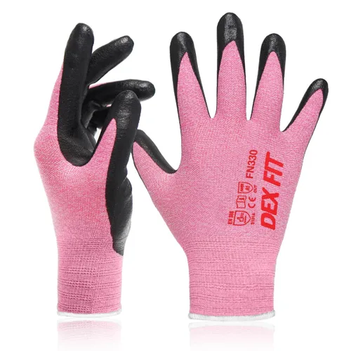 DEX FIT Guantes de trabajo de nitrilo FN330, 3 pares, ajuste elástico 3D, agarre firme, delgados y ligeros, compatibles con pantalla táctil, Rosa