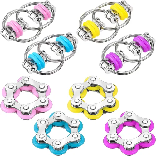 Hicarer El juego de 8 piezas de juguetes para ansiedad incluye 4 cadenas de rodillos flippy y 4 cadenas de seis rodillos para bicicleta, regalos rosa