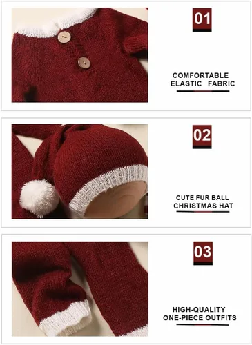 Miniatura 4 de Ylsteed Traje unisex de Navidad para recién nacido: conjunto de mameluco y sombrero de tela mohair, agradable al tacto, alta elasticidad, ligero