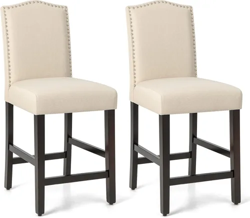COSTWAY Juego de 2 taburetes de bar, sillas tapizadas de lino con patas de madera de goma maciza, sillas de bar de madera para isla de cocina de 25