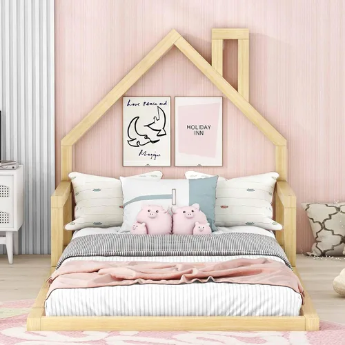 Miniatura 4 de Harper & Bright Designs Cama de piso de casa tamaño individual para niños con cabecero, listones de madera, no necesita somier, natural Natural Con