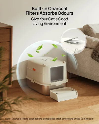 Miniatura 8 de Furkid Caja de arena para gatos de acero inoxidable con tapa, caja de arena extra grande XL para gatos grandes, caja de arena de metal cerrada