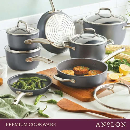 Miniatura 11 de Anolon Accolade - Juego de ollas y sartenes antiadherentes anodizadas forjadas, juego de utensilios de cocina de inducción, 12 piezas, gris piedra