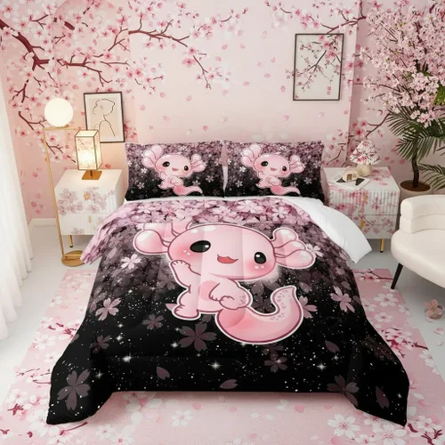 Miniatura 45 de QOOMO Juego de edredón de 3 piezas con diseño de mariposa de dibujos animados, tamaño individual, bonito juego de ropa de cama con lazo