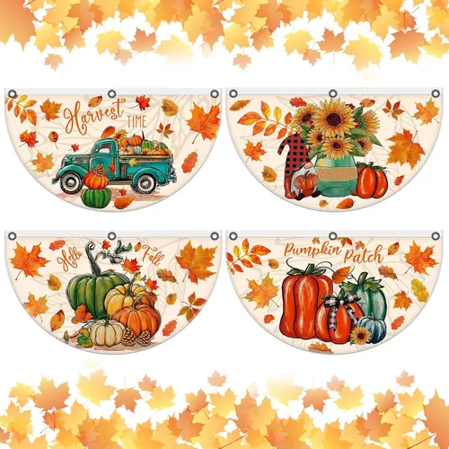 Cumule Paquete de 4 banderas de ventilador de Hello Fall con parche de calabaza, banderines de bienvenida, otoño, cosecha, medio abanico, bandera,