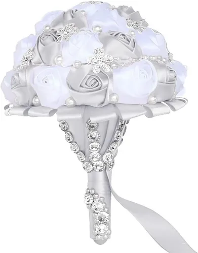 Miniatura 48 de Sharebeauty Ramo de novia de satén hecho a mano de 5.9 pulgadas, ramo de boda, ramo de flores artificiales, color azul claro + blanco W224