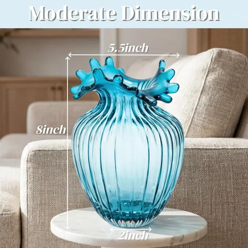 Miniatura 2 de ZAVOOS Jarrón de vidrio soplado a mano, jarrón azul decorativo de arte moderno para plantas de flores, jarrón único de burbujas para decoración