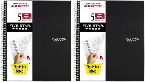 Five Star Cuaderno de espiral, 5 materias, papel a rayas anchas, combate el sangrado de tinta, cubierta resistente al agua, 8 x 10-1/2 pulgadas, 200