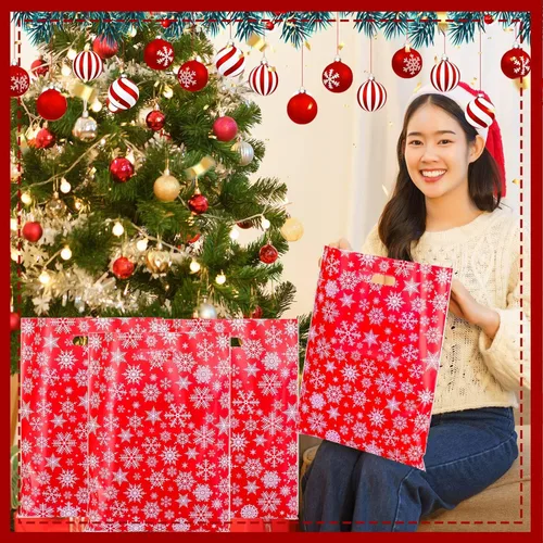 Miniatura 6 de Honoson 100 Piezas Bolsas de Regalo de Plástico de Navidad a Granel 12 x 15 Pulgadas Copo de Nieve Mercancía Navidad Bolsas Reutilizables
