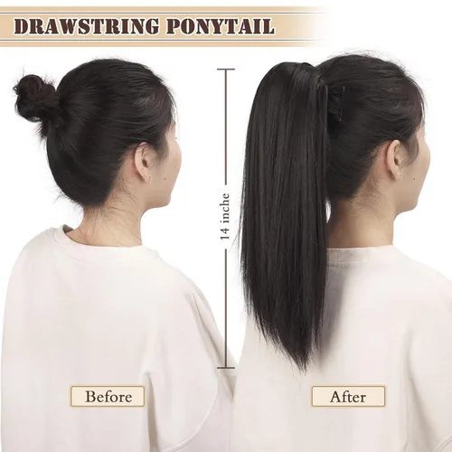 Miniatura 6 de Barsdar Extensión de cola de caballo marrón oscuro - Extensiones de cola de caballo cortas y rectas de 14 pulgadas con cordón para mujeres