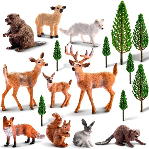 Sumind Juego de 18 figuras de animales del bosque, variados modelos, kit de árboles de plástico en miniatura, decoración realista para tartas