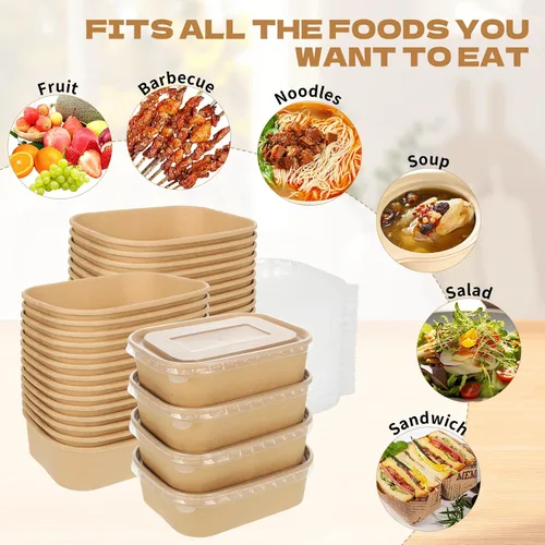 Miniatura 6 de Paquete de 50 cuencos desechables de papel kraft de 17 onzas con tapas, recipientes rectangulares de preparación de comidas a granel, ensaladera
