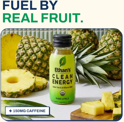 Miniatura 7 de Ethan's Organic Clean Energy Shots Piña, paquete de 12 unidades de 2 onzas, 150 mg de cafeína, té verde, guayusa, melena de león y cordyceps Sin