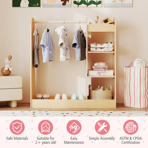 Miniatura 7 de Costzon Almacenamiento de disfraces para niños con espejo, perchero, estantes de 3 niveles, bandeja inferior, centro organizador de disfraces