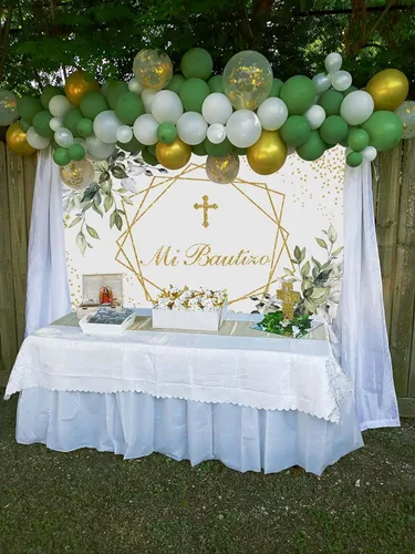 Miniatura 3 de Decoraciones de fiesta de bautismo, con telón de fondo verde Mi Bautizo, pancarta de globos verde salvia, kit de arco de guirnalda de arco
