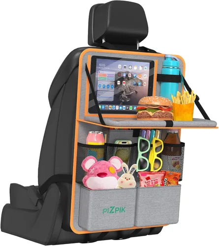 Miniatura 7 de Organizador de asiento trasero de automóvil Plzpik con soporte para tableta, 11 bolsillos de almacenamiento con bandeja plegable para alimentos
