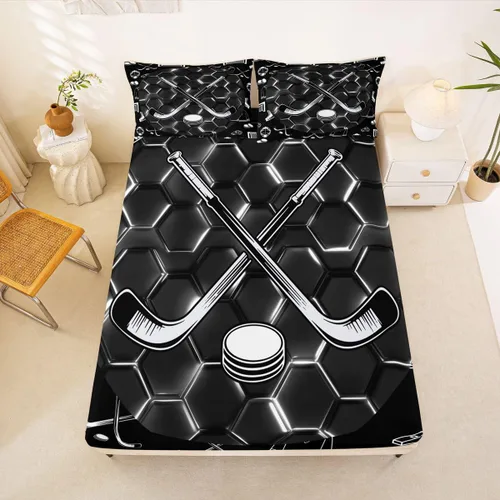 Miniatura 11 de Sábana bajera ajustable de hockey sobre hielo, tamaño individual, para adolescentes y niñas, juego de ropa de cama de hockey para decoración de sala